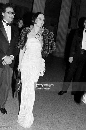 1983 Mary McFadden Ivory Heavily Pleated Asymmetric One-Shoulder Draped Goddess Gown