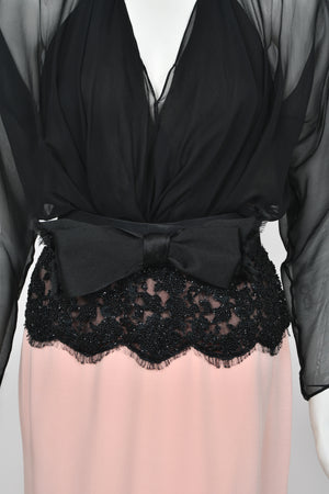 1986 Oscar de la Renta Documented Runway Black Sheer Chiffon & Pink Silk Gown
