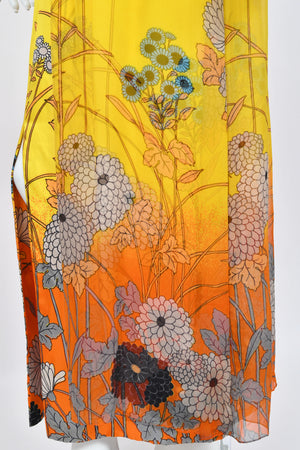 1972 Hanae Mori Couture Vogue Editorial Sunset Ombrè Floral Silk Gown & Matching Sheer Jacket