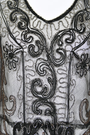 1920's Embroidered Black Sheer Mixed-Lace Beaded Art Deco Motif Dress
