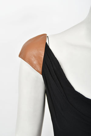 2001 Versace Couture Documented Runway Black Sheer Silk & Leather Bias-Cut Gown