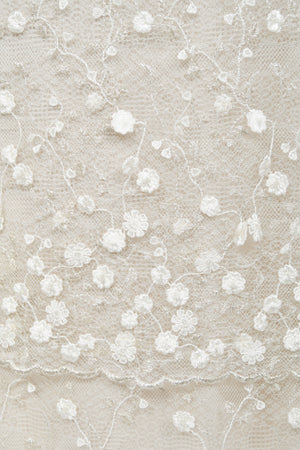 2004 Randi Rahm Couture Embroidered Metallic Ivory Lace Appliqué Trained Slip Gown