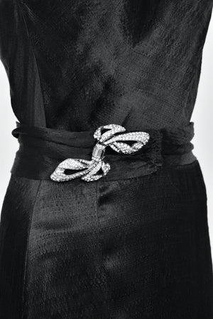 1930's Milgrim Couture Black Silk Rhinestone Deco-Bows Asymmetric Trained Gown
