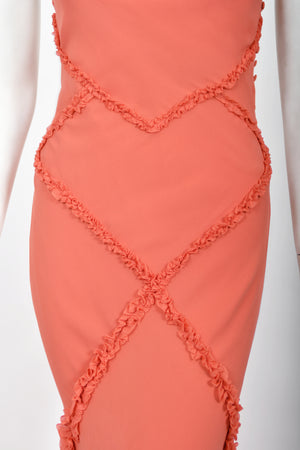 2008 John Galliano Coral Pink Silk Bias-Cut Scalloped Train Backless Gown