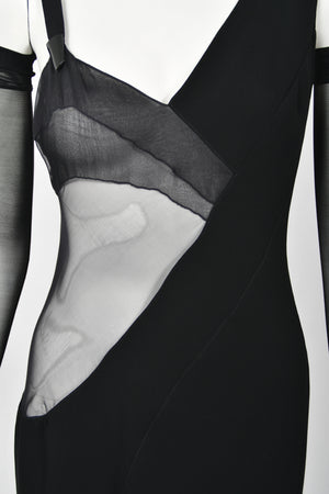 1998 Thierry Mugler Documented Runway Sheer Black Silk Asymmetric High-Slit Gown