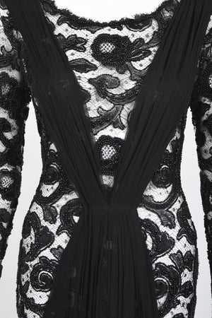 1998 Hanae Mori Haute Couture Beaded Sheer Lace & Chiffon Hourglass Gown