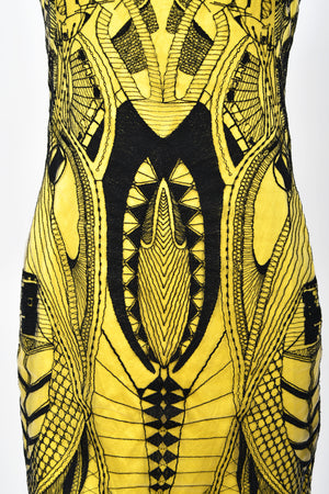 2010 Alexander McQueen Lifetime Insect Tattoo Embroidered Net-Lace Yellow Mini Dress
