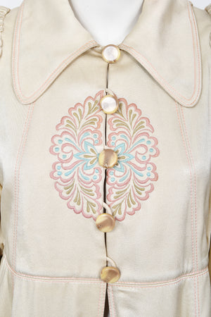 1973 Bill Gibb Couture Embroidered Ivory Satin Mutton-Sleeve Jacket & Vest