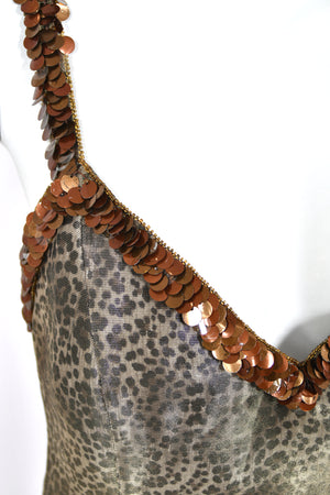 1998 Valentino Runway Semi-Sheer Leopard Print Shimmer Silk Beaded Slip Gown