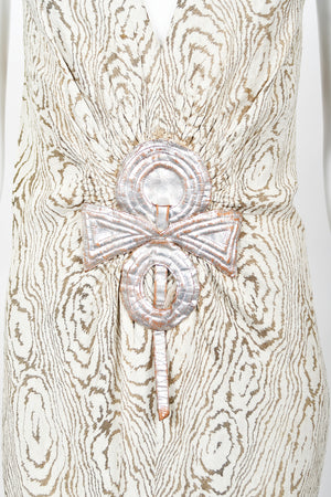 1930's Metallic Wood-Patterned Lamé Deco Appliqué Bias-Cut Trained Bridal Gown