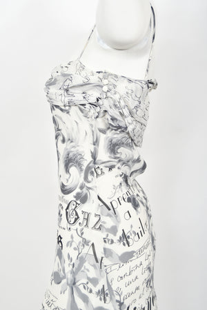 2006 John Galliano Documented Newspaper Print Silk Chiffon Bias-Cut Slip Dress