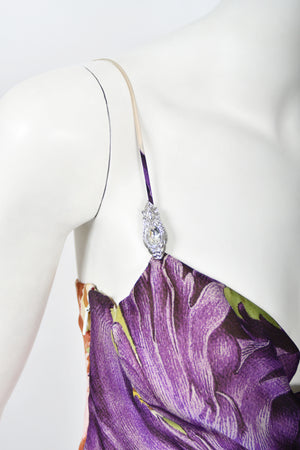 2005 Roberto Cavalli Large-Scale Floral Silk Bustier High-Slit Gown & Shawl