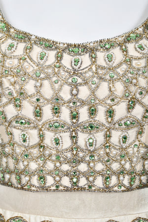 1960's British Crown Colony Beaded Rhinestone Ivory Silk Crop Top Column Gown