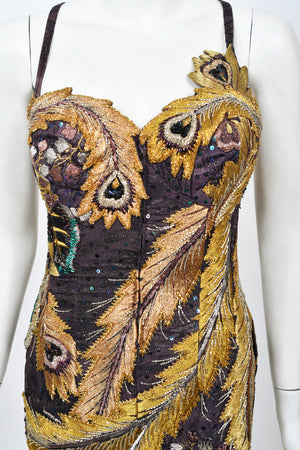 1970's Embroidered Peacock Motif Beaded Silk Couture Dance Dress