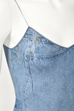 2000 Christian Dior by John Galliano Trompe L'oeil Denim Print Silk Bias-Cut Dress