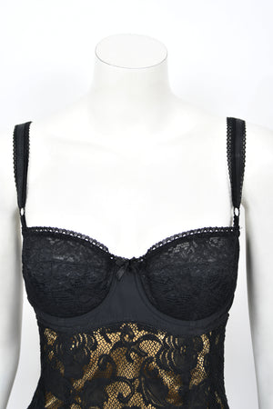 1997 Dolce & Gabbana Sheer Black Stretch Lace Built-In Bra Slip Gown