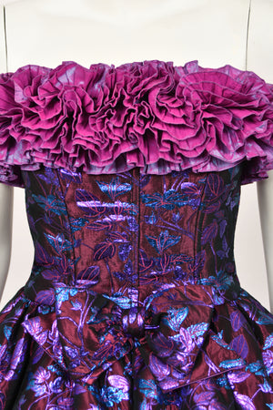 1989 Nina Ricci Haute Couture Metallic Fuchsia Silk Brocade Strapless Skirted Dress