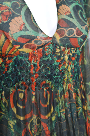 1971 Thea Porter Couture Green Art Nouveau Motif Silk Billow-Sleeve Maxi Dress