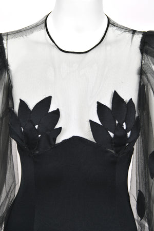 1979 Loris Azzaro Black Silk Jersey Sheer Illusion Petal Motif Billow-Sleeve Gown