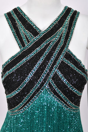 1990 Bob Mackie Teal-Green & Black Beaded Fringe Backless Cocktail Dress