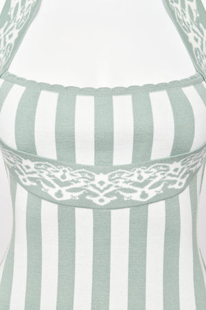 1992 Azzedine Alaia Runway Mint & Ivory Striped Stretch Knit Halter Bodycon Mini Dress