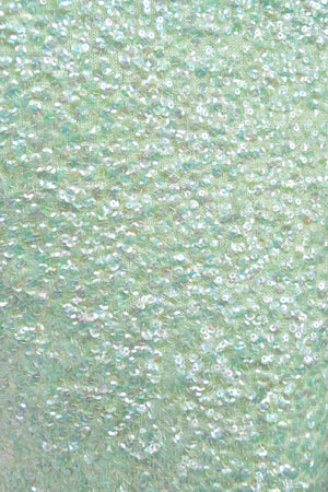 1960's Gene Shelly Seafoam Fully- Sequin Stretch Knit Beaded Collar Hourglass Gown