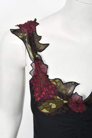 2001 John Galliano Red Chrysanthemum Floral Appliqué Black Silk Chiffon Bias-Cut Gown