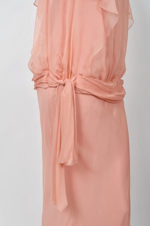 2008 John Galliano Pale Pink Semi-Sheer Silk Draped Ruffle Bias-Cut Gown