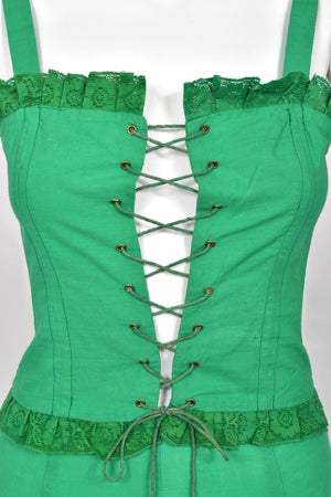 1976 Biba Emerald Green Cotton Lace-Up Corset Top & Matching Maxi Skirt