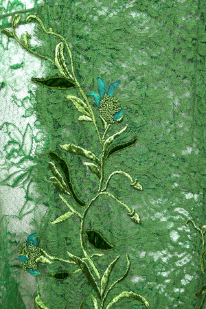 2011 Tom Ford Emerald Green Embroidered Sheer Tulle Lace Velvet-Bra Trained Editorial Gown