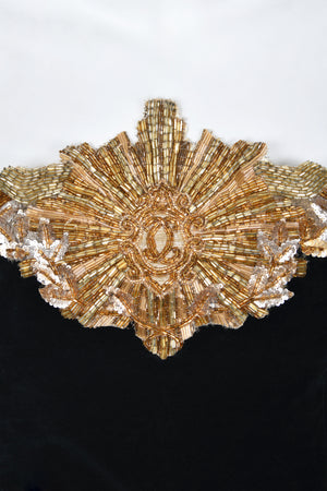 1985 Chanel Documented Runway Metallic Beaded Gold Lamé & Black Silk Strapless Gown