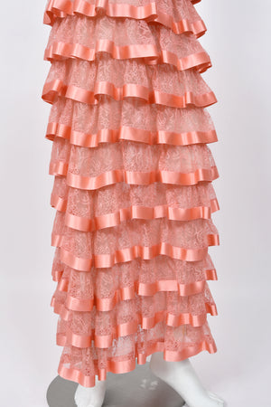 1993 Valentino Runway Blush Pink Silk & Sheer Chantilly-Lace Tiered Ruffle Maxi Dress