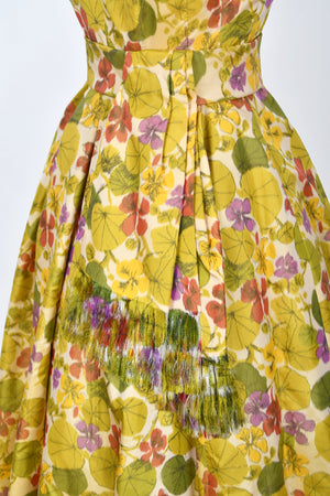 1950's Lanvin Castillo Haute Couture Watercolor Floral Silk Print Full-Skirt Gown