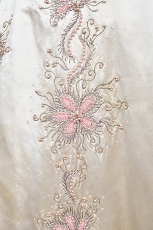 1950's Beaded Embroidered Cream & Pale Pink Satin Strapless Couture Ballgown