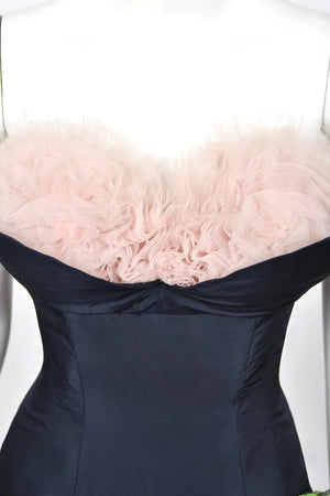 1950's Don Miguel of California Navy Silk & Blush Pink Tulle Ruffle Shelf-Bust Strapless Dress
