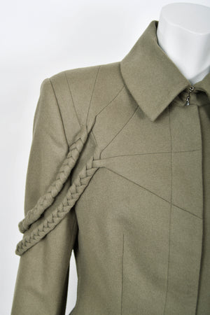 2001 Alexander McQueen Documented Runway Moss-Green Wool Braided Jacket Pantsuit
