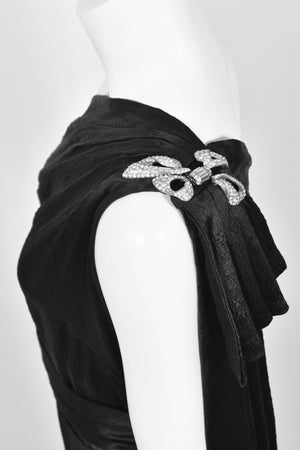 1930's Milgrim Couture Black Silk Rhinestone Deco-Bows Asymmetric Trained Gown