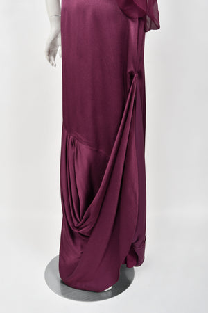 2000 Christian Dior by John Galliano Purple Silk Sheer-Sleeve Asymmetric Draped Gown