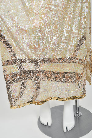 1920's Iridescent Ivory & Gold Beaded Sequin Sheer-Net Tabard Flapper Dress