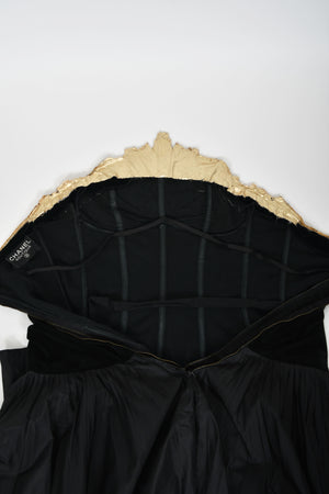 1985 Chanel Documented Runway Metallic Beaded Gold Lamé & Black Silk Strapless Gown