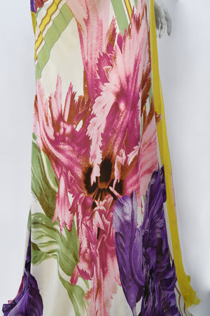 2005 Roberto Cavalli Large-Scale Floral Silk Bustier High-Slit Gown & Shawl