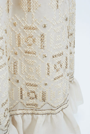 1971 Guy Laroche Haute Couture Embroidered Ivory Silk Billow Sleeve Plunge Gown