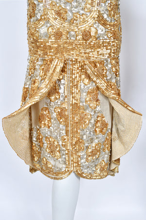 1920's French Couture Metallic Gold Beaded Sequin Cotton-Net Flapper Dress
