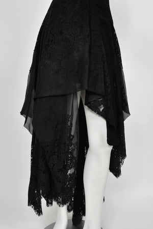 2010 Alexander McQueen Lifetime Black Crepe & Sheer Illusion Lace High-Low Gown