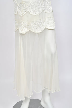 2005 Christian Dior by John Galliano Ivory Knit Appliqué Sheer Silk Fitted Slip Dress