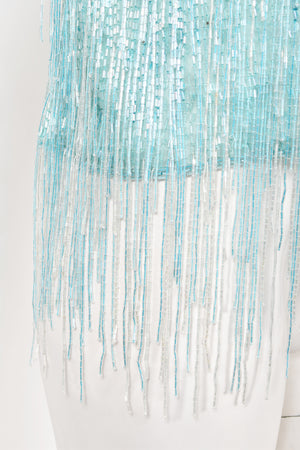 1970's Halston Couture Ice Blue Beaded Silk Fringe Disco Cardigan Jacket