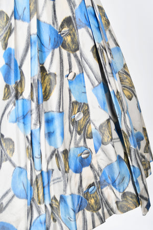 1956 Christian Dior Couture Blue Floral Silk Portrait Collar New Look Dress