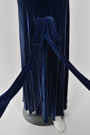 1930 Molyneux Haute Couture Documented Sapphire Blue Silk Velvet Bias-Cut Gown