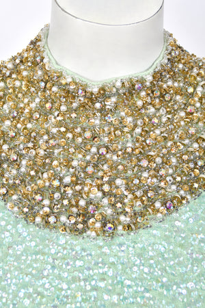 1960's Gene Shelly Seafoam Fully- Sequin Stretch Knit Beaded Collar Hourglass Gown