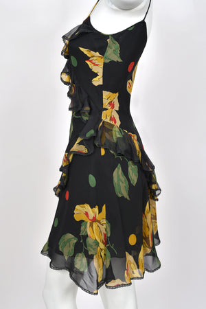 2004 John Galliano Large Scale Deco Floral Chiffon & Lace Bias-Cut Slip Dress